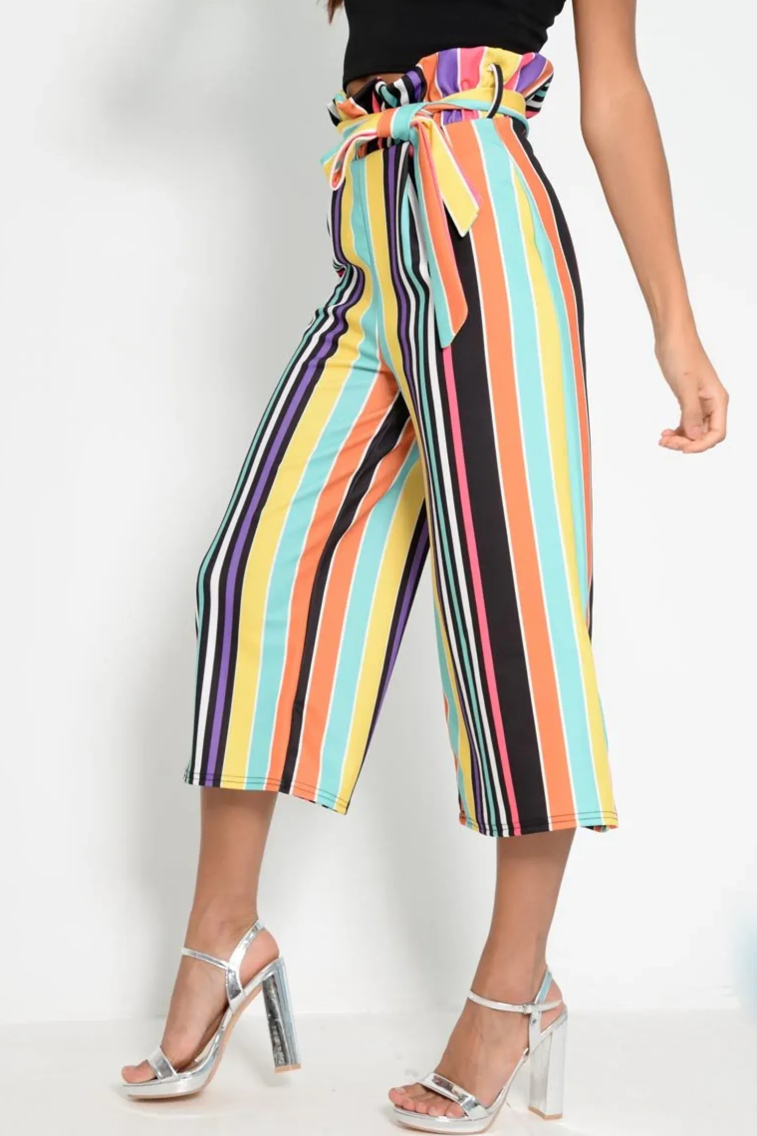Rebellious Fashion Multi Stripe Paper Bag Tie Waist Culottes - Sada