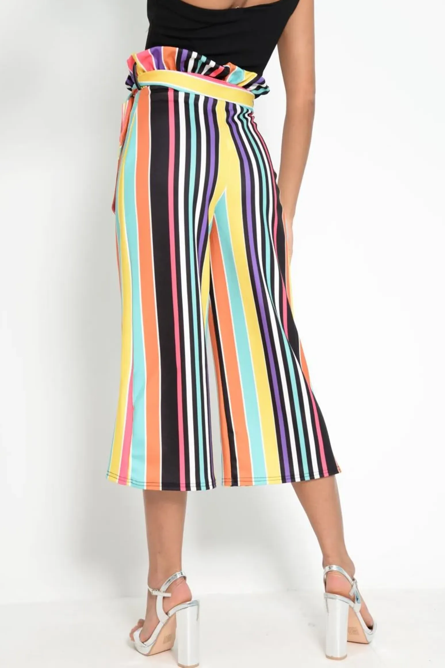 Rebellious Fashion Multi Stripe Paper Bag Tie Waist Culottes - Sada