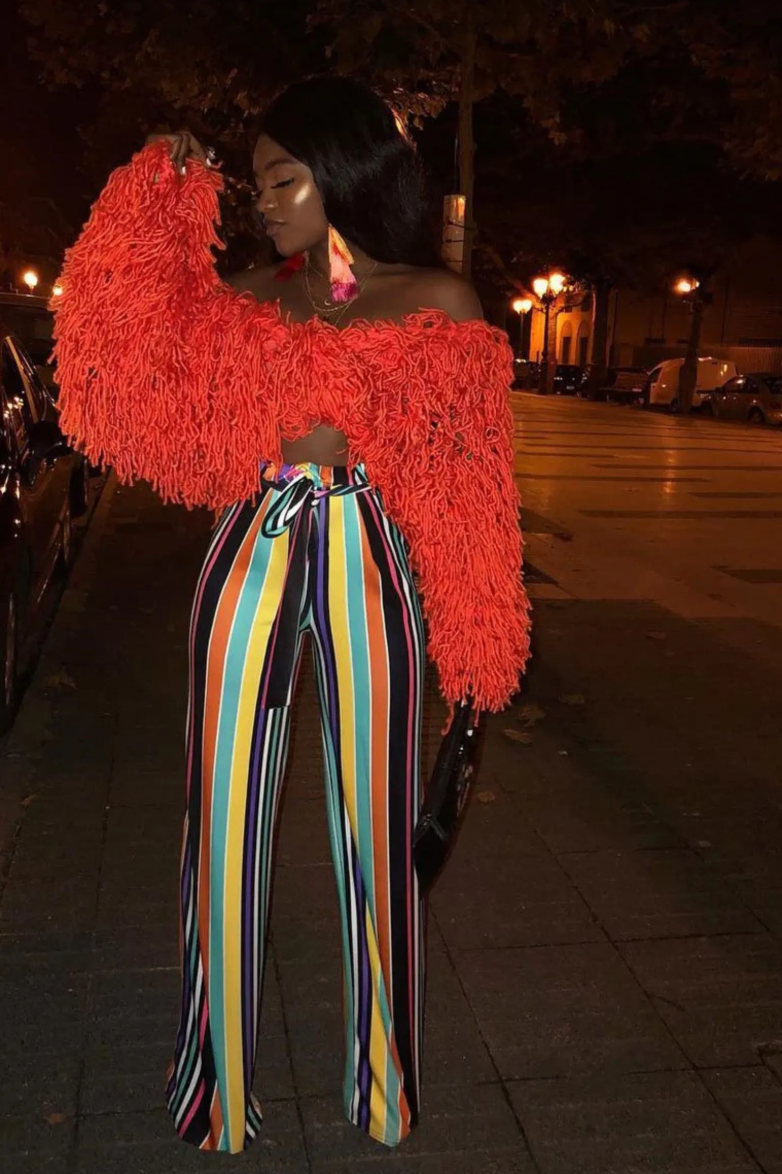 Rebellious Fashion Multi Stripe Paper Bag Tie Waist Wide Leg Trousers - Kennedy
