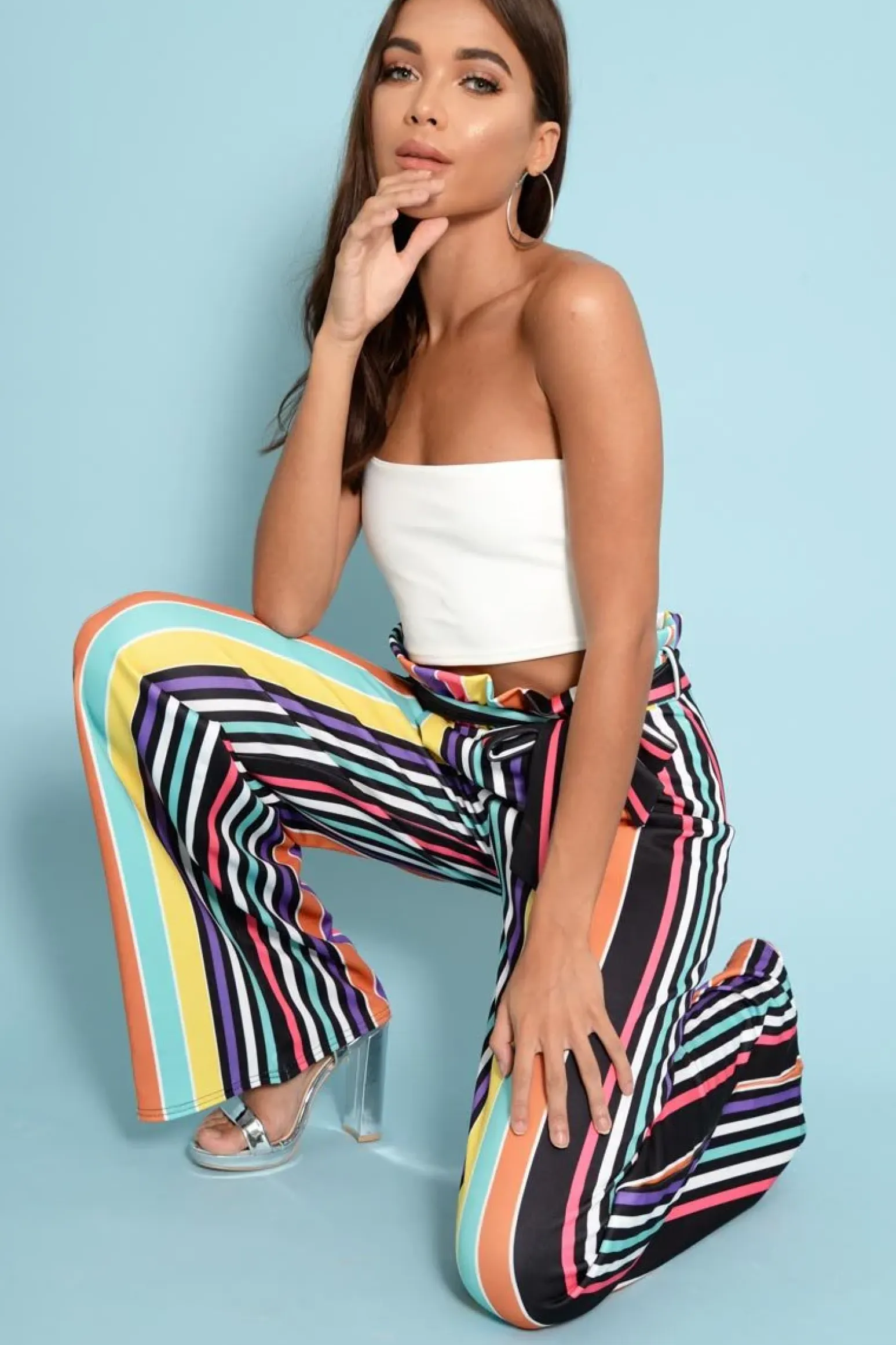 Rebellious Fashion Multi Stripe Paper Bag Tie Waist Wide Leg Trousers - Kennedy