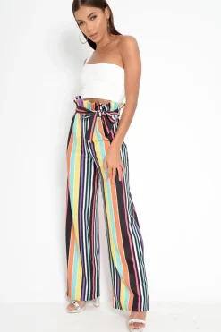 Rebellious Fashion Multi Stripe Paper Bag Tie Waist Wide Leg Trousers - Kennedy
