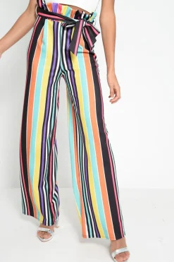 Rebellious Fashion Multi Stripe Paper Bag Tie Waist Wide Leg Trousers - Kennedy
