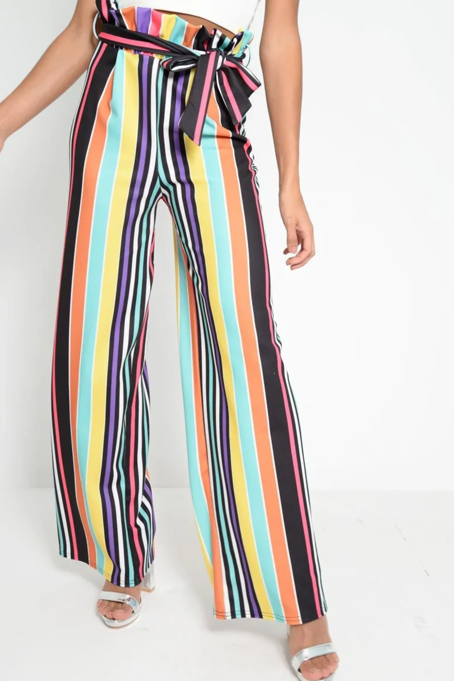 Rebellious Fashion Multi Stripe Paper Bag Tie Waist Wide Leg Trousers - Kennedy