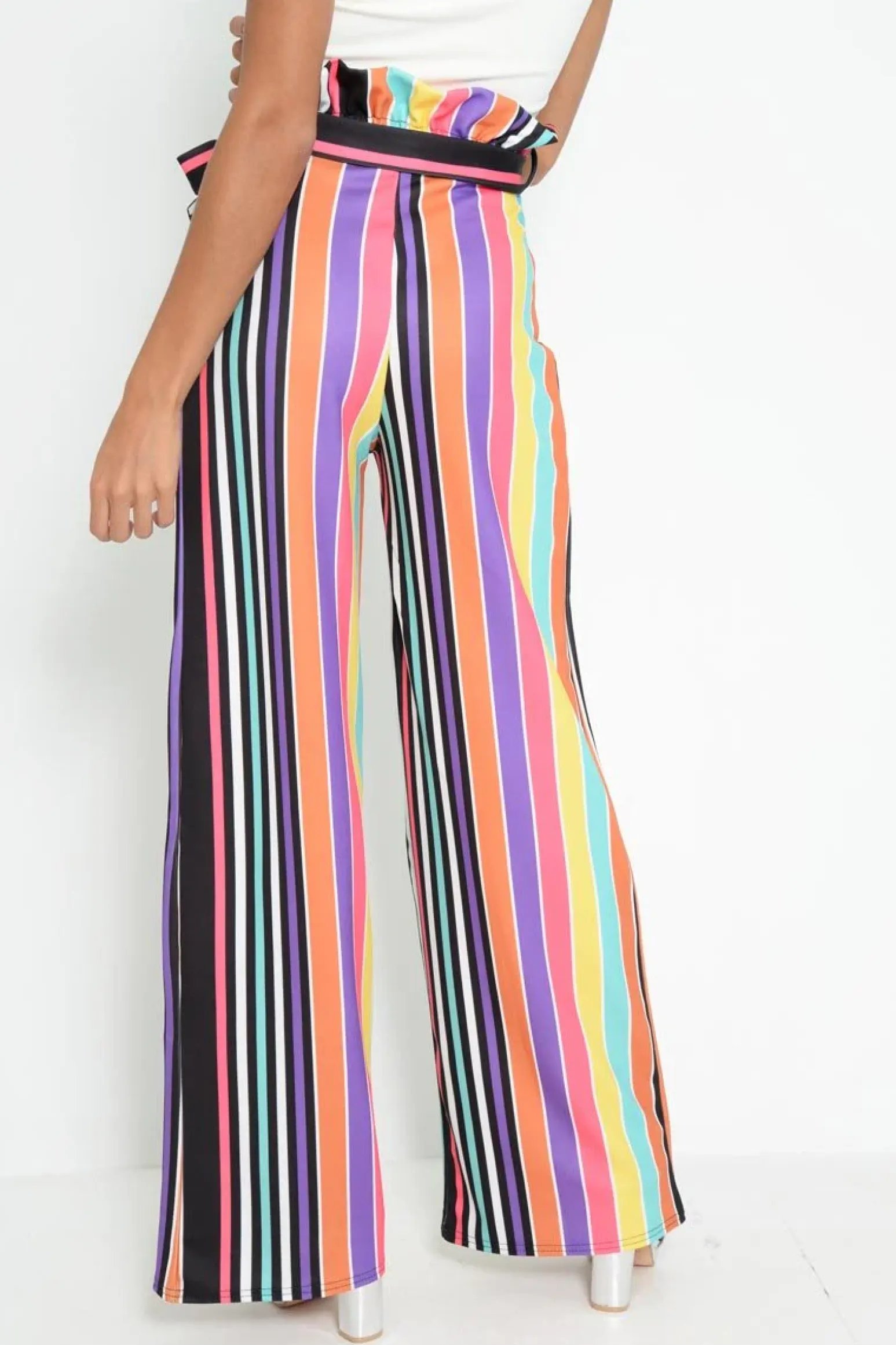 Rebellious Fashion Multi Stripe Paper Bag Tie Waist Wide Leg Trousers - Kennedy
