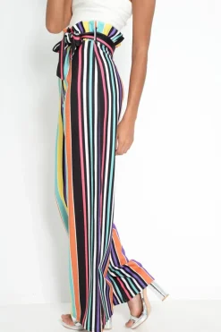 Rebellious Fashion Multi Stripe Paper Bag Tie Waist Wide Leg Trousers - Kennedy