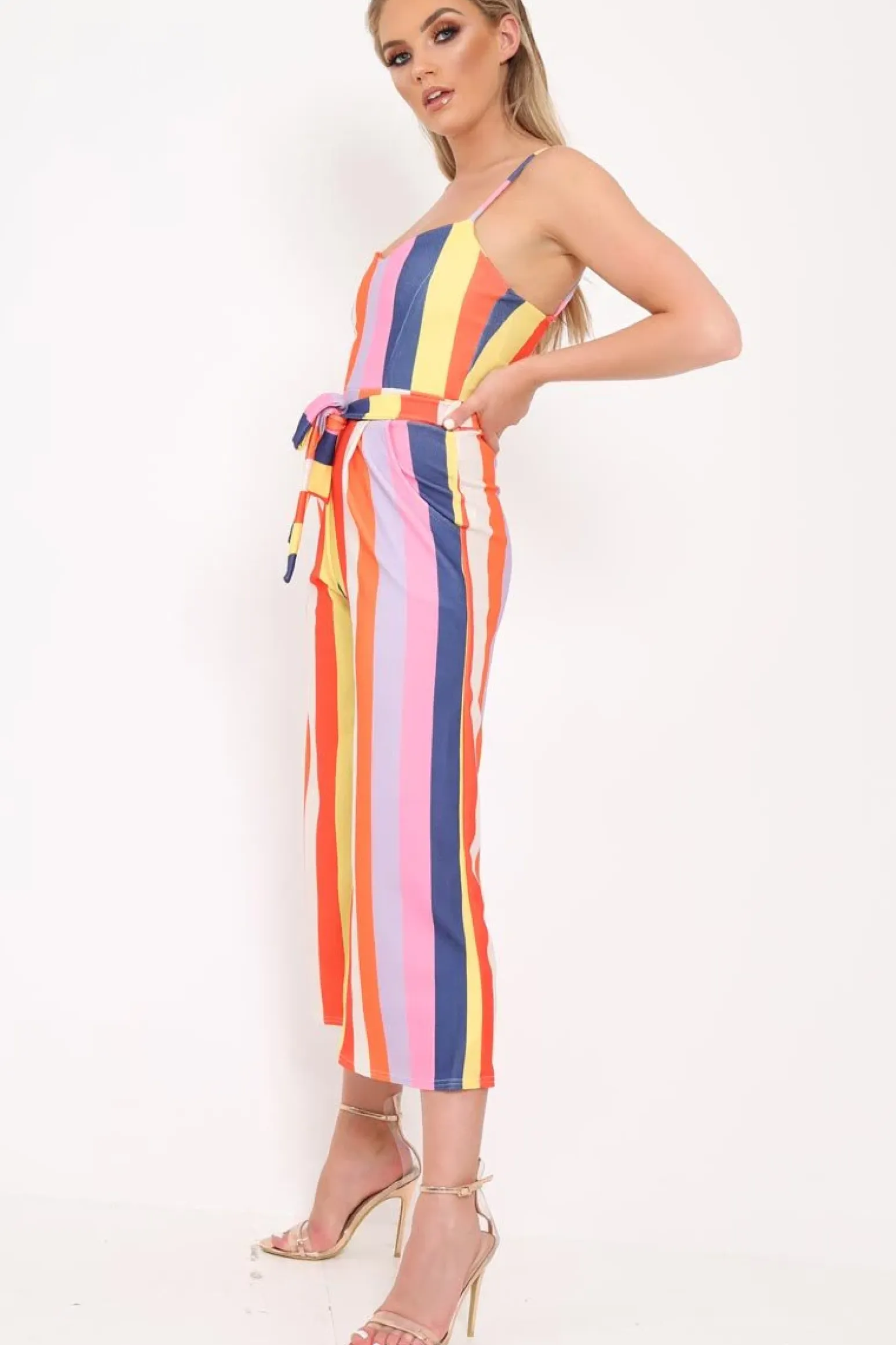 Rebellious Fashion Multi Stripe Tie Waist Jumpsuit - Jakai