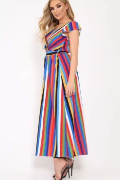Rebellious Fashion Multi Stripe Tie Waist Maxi Dress -Daveah
