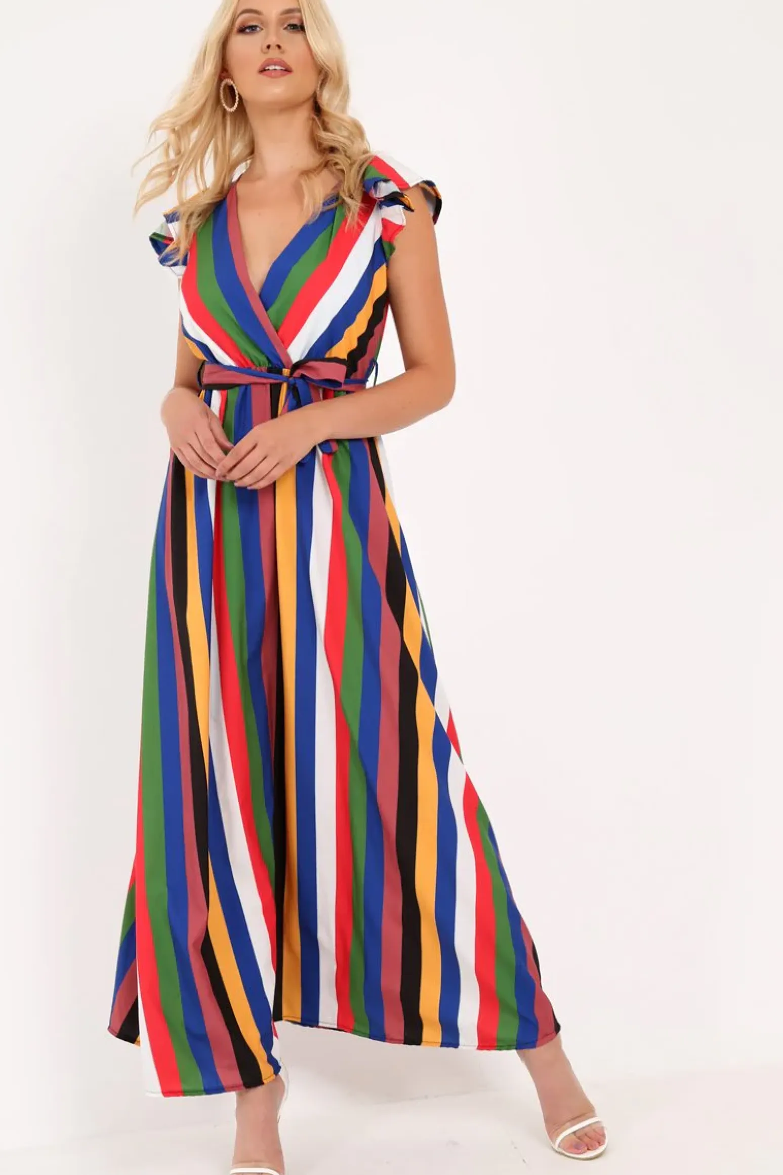 Rebellious Fashion Multi Stripe Wrap Frill Sleeve Maxi Dress - Hyacinth