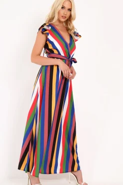 Rebellious Fashion Multi Stripe Wrap Frill Sleeve Maxi Dress - Hyacinth