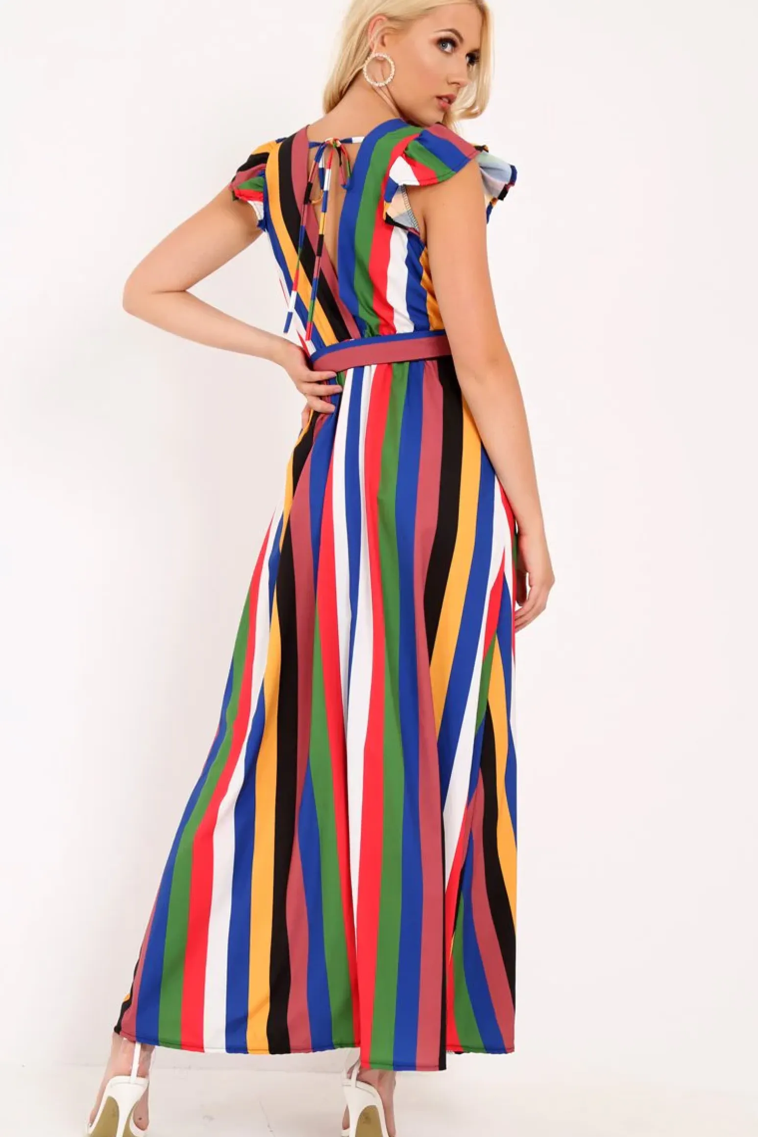 Rebellious Fashion Multi Stripe Wrap Frill Sleeve Maxi Dress - Hyacinth