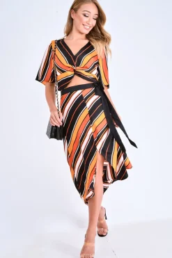 Rebellious Fashion Multi Stripe Wrap Front Crop Top And Belted Midi Skirt Co-ord - Cayli