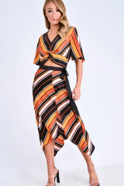 Rebellious Fashion Multi Stripe Wrap Front Crop Top And Belted Midi Skirt Co-ord - Cayli