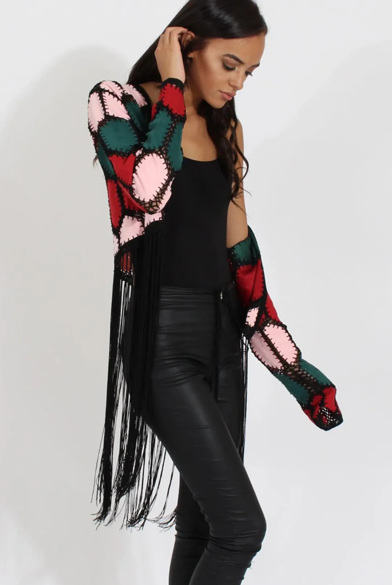 Rebellious Fashion Multi Suede Patch Stitch Tassel Jacket - Kay