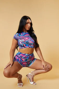 Rebellious Fashion Multi Swirl Print Cropped Top & Shorts Co-ord Set - Aatiya