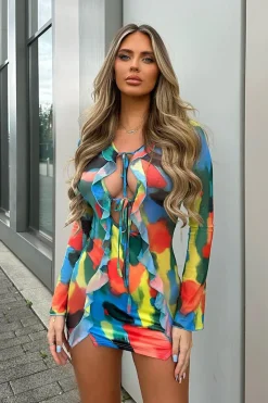 Rebellious Fashion Multi Watercolour Frill Detail Tie Front Mini Dress - Itzel