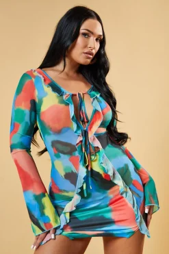 Rebellious Fashion Multi Watercolour Frill Detail Tie Front Mini Dress - Itzel