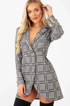 Rebellious Fashion Mustard Black Check Wrap Blazer Dress - Emry