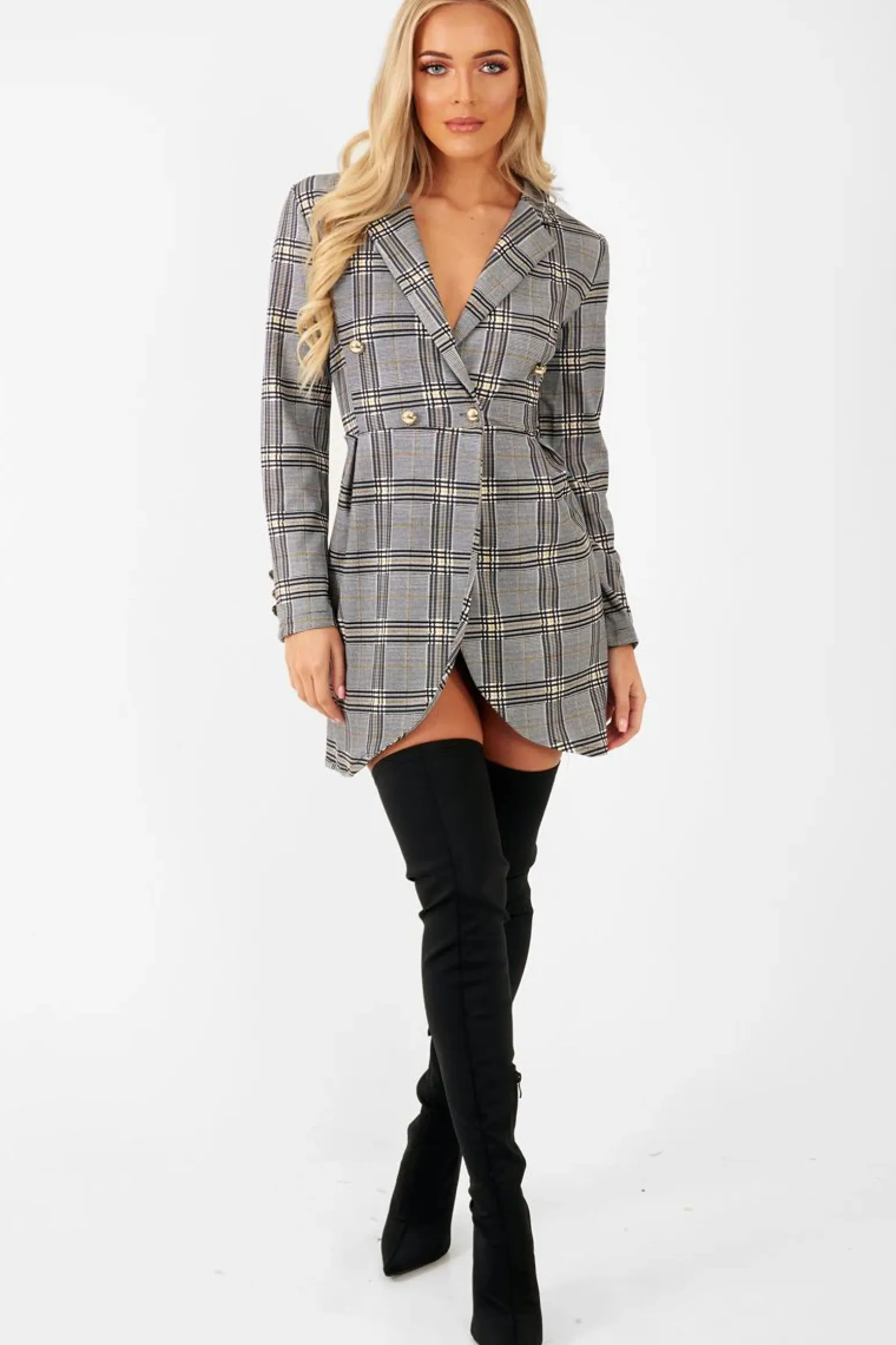 Rebellious Fashion Mustard Black Check Wrap Blazer Dress - Emry