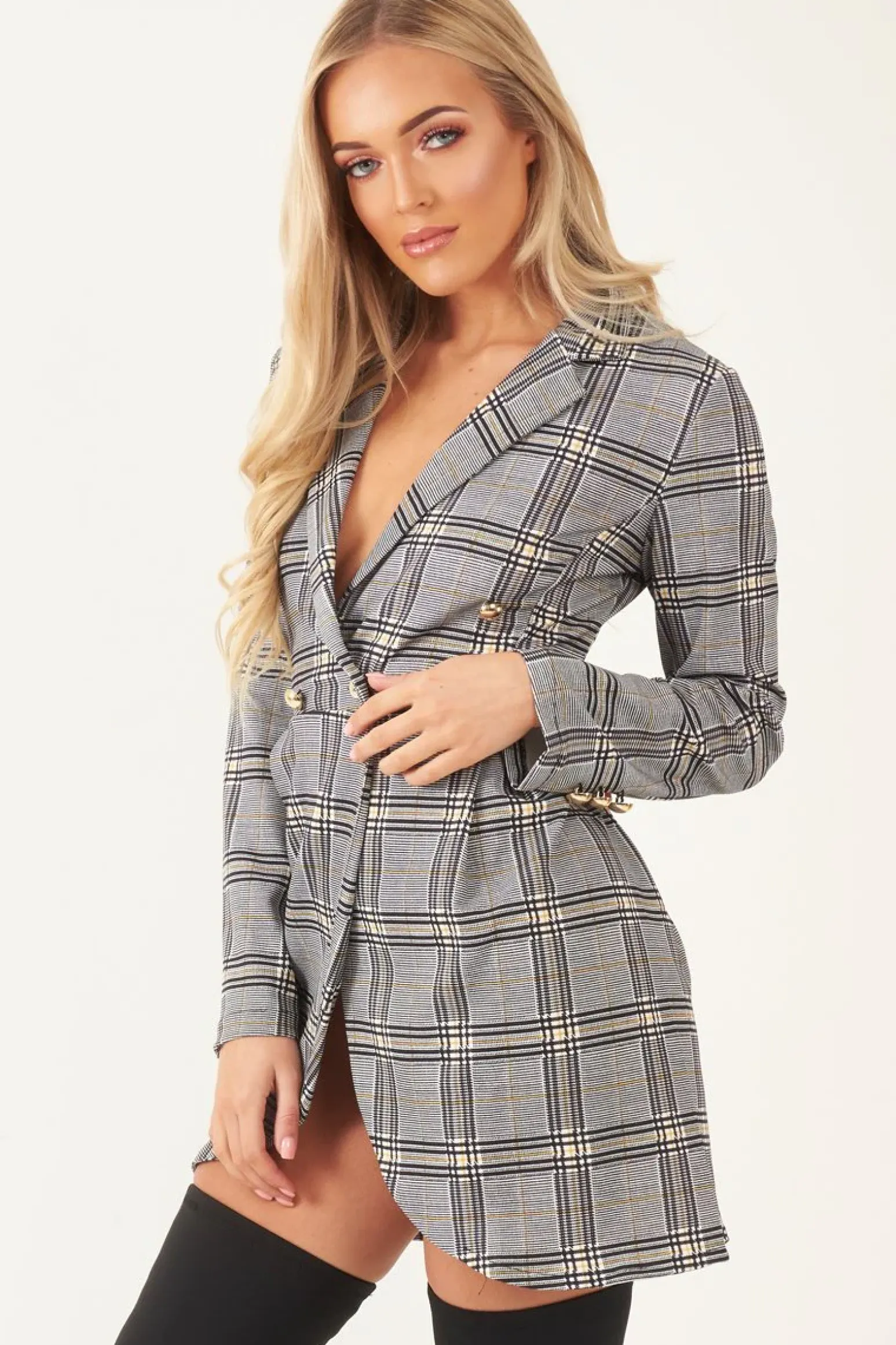 Rebellious Fashion Mustard Black Check Wrap Blazer Dress - Emry