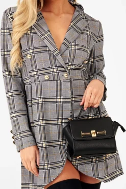 Rebellious Fashion Mustard Black Check Wrap Blazer Dress - Emry