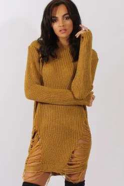 Rebellious Fashion Mustard Distressed Jumper Dress - Kim