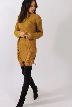 Rebellious Fashion Mustard Distressed Jumper Dress - Kim