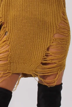 Rebellious Fashion Mustard Distressed Jumper Dress - Kim