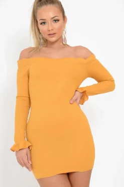 Rebellious Fashion Mustard Ribbed Ruffle Long Sleeve Bardot Dress - Madison