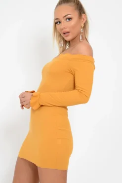 Rebellious Fashion Mustard Ribbed Ruffle Long Sleeve Bardot Dress - Madison