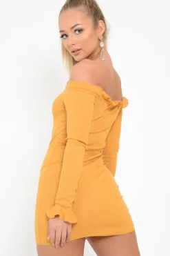 Rebellious Fashion Mustard Ribbed Ruffle Long Sleeve Bardot Dress - Madison
