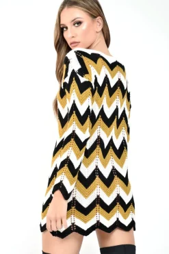 Rebellious Fashion Mustard White Black Chevron Jumper Dress - Kalise