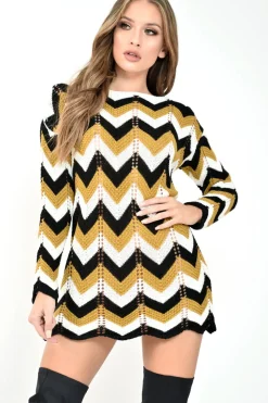 Rebellious Fashion Mustard White Black Chevron Jumper Dress - Kalise