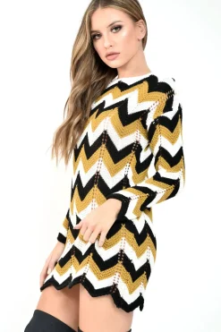Rebellious Fashion Mustard White Black Chevron Jumper Dress - Kalise