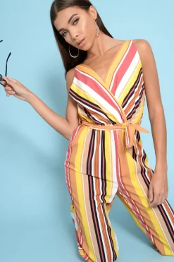 Rebellious Fashion Mustard And Beige Plunge Wide Leg Jumpsuit - Saidi
