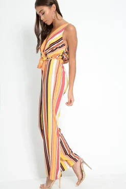 Rebellious Fashion Mustard And Beige Plunge Wide Leg Jumpsuit - Saidi