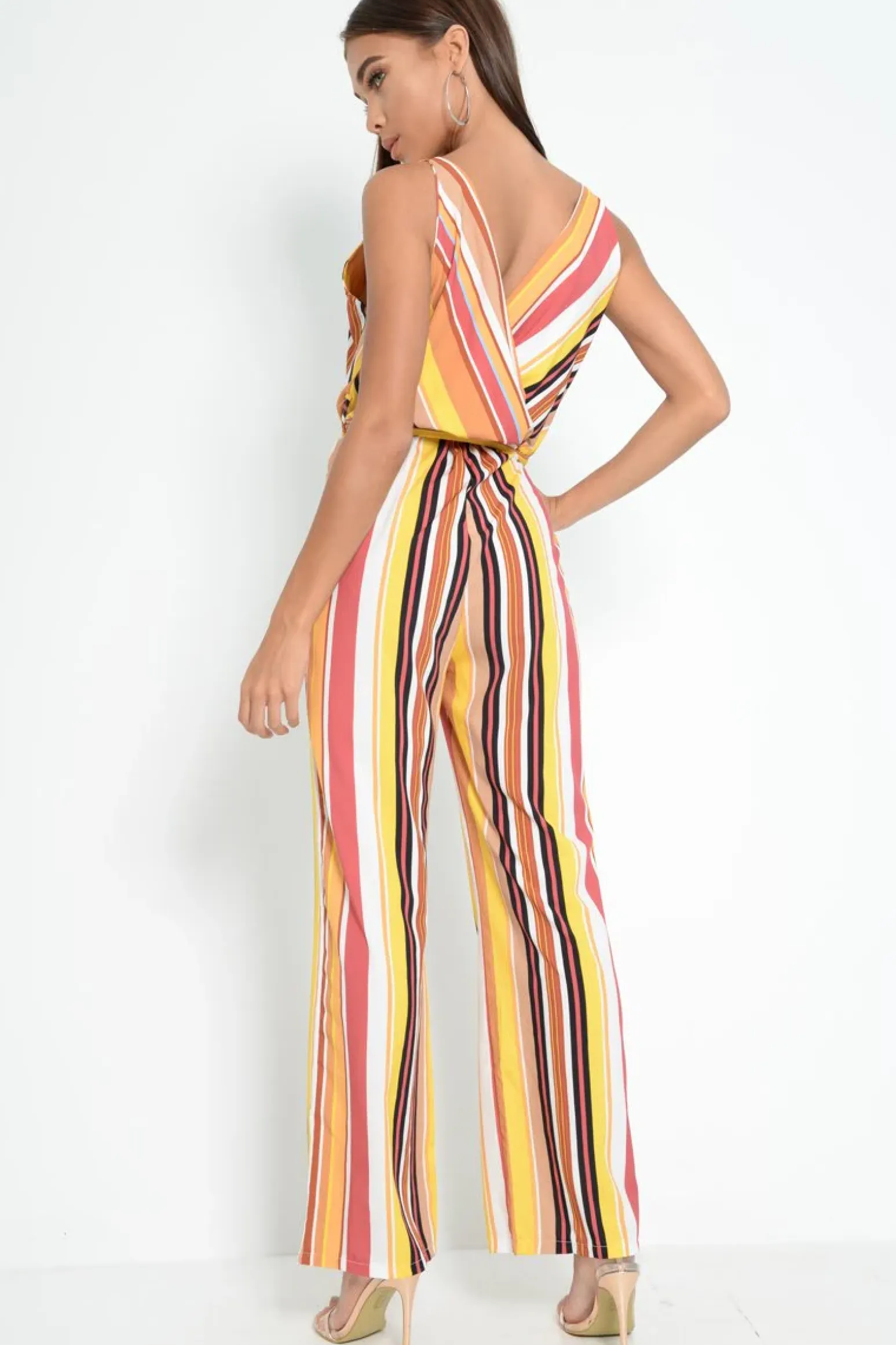 Rebellious Fashion Mustard And Beige Plunge Wide Leg Jumpsuit - Saidi