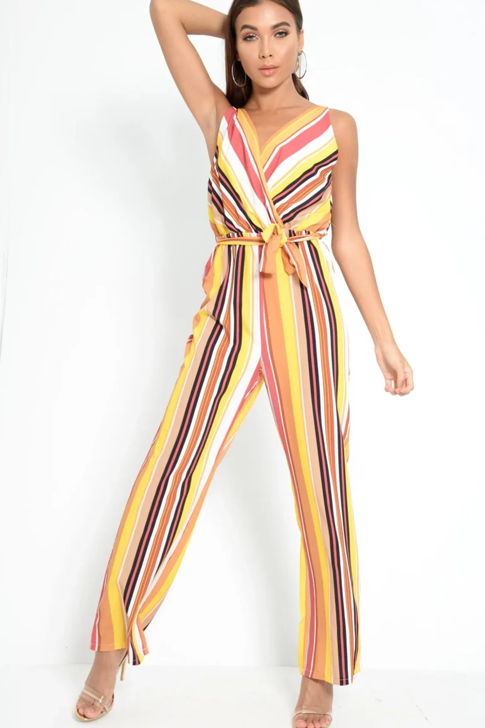 Rebellious Fashion Mustard And Beige Plunge Wide Leg Jumpsuit - Saidi