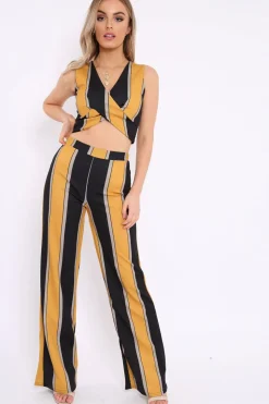 Rebellious Fashion Mustard And Black Stripe Crop Top And Wide Leg Trousers Co-Ord - Jenet