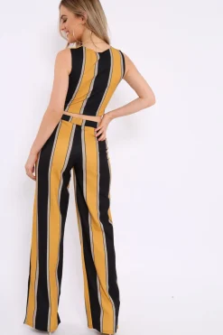 Rebellious Fashion Mustard And Black Stripe Crop Top And Wide Leg Trousers Co-Ord - Jenet