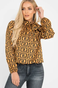 Rebellious Fashion Mustard Aztec Print Satin Long Sleeve Bow Shirt - Abrah