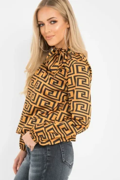 Rebellious Fashion Mustard Aztec Print Satin Long Sleeve Bow Shirt - Abrah