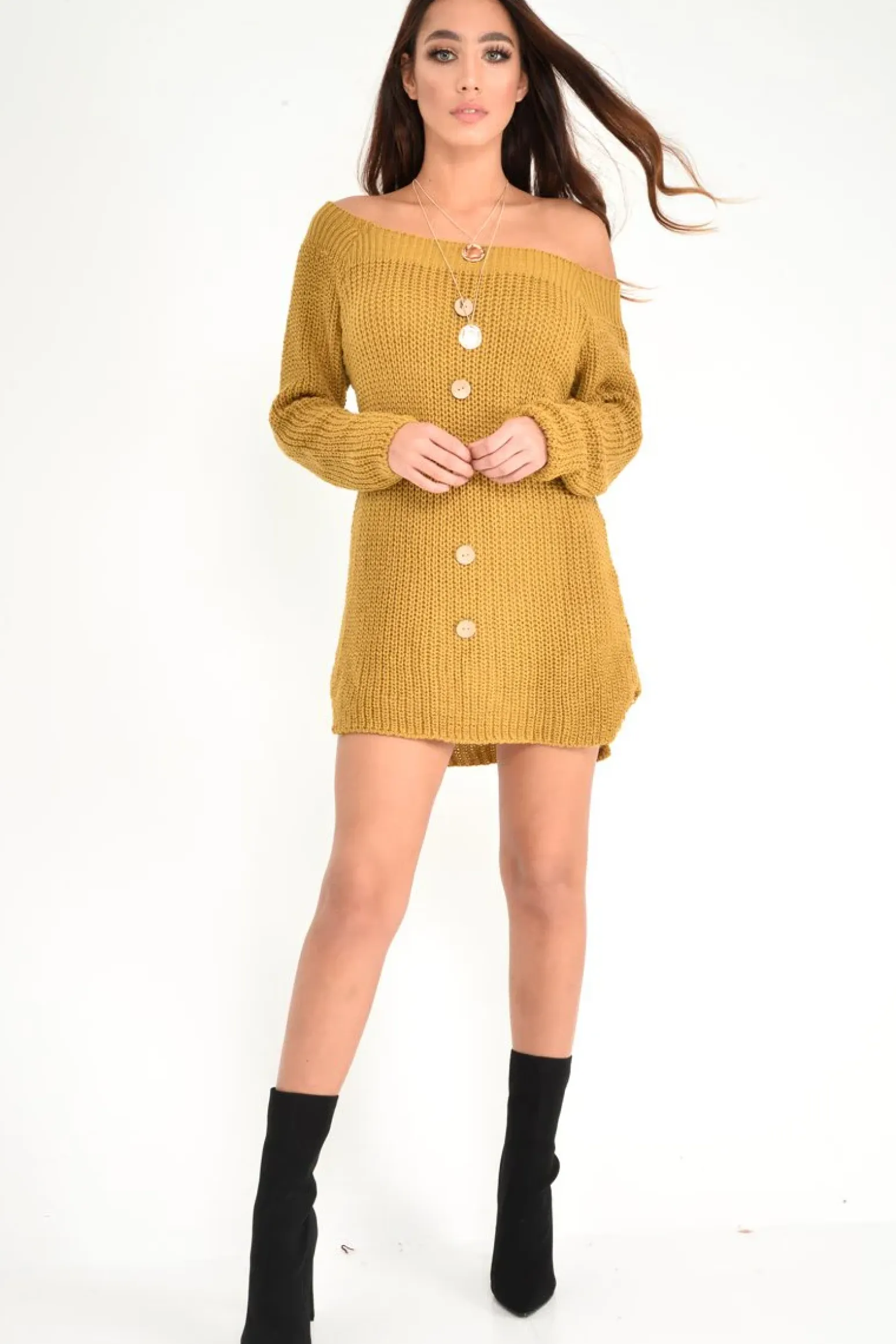 Rebellious Fashion Mustard Bardot Button Front Chunky Knit Jumper Dress - Syanna