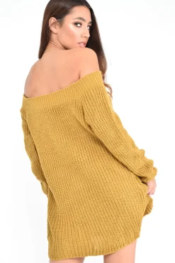 Rebellious Fashion Mustard Bardot Button Front Chunky Knit Jumper Dress - Syanna
