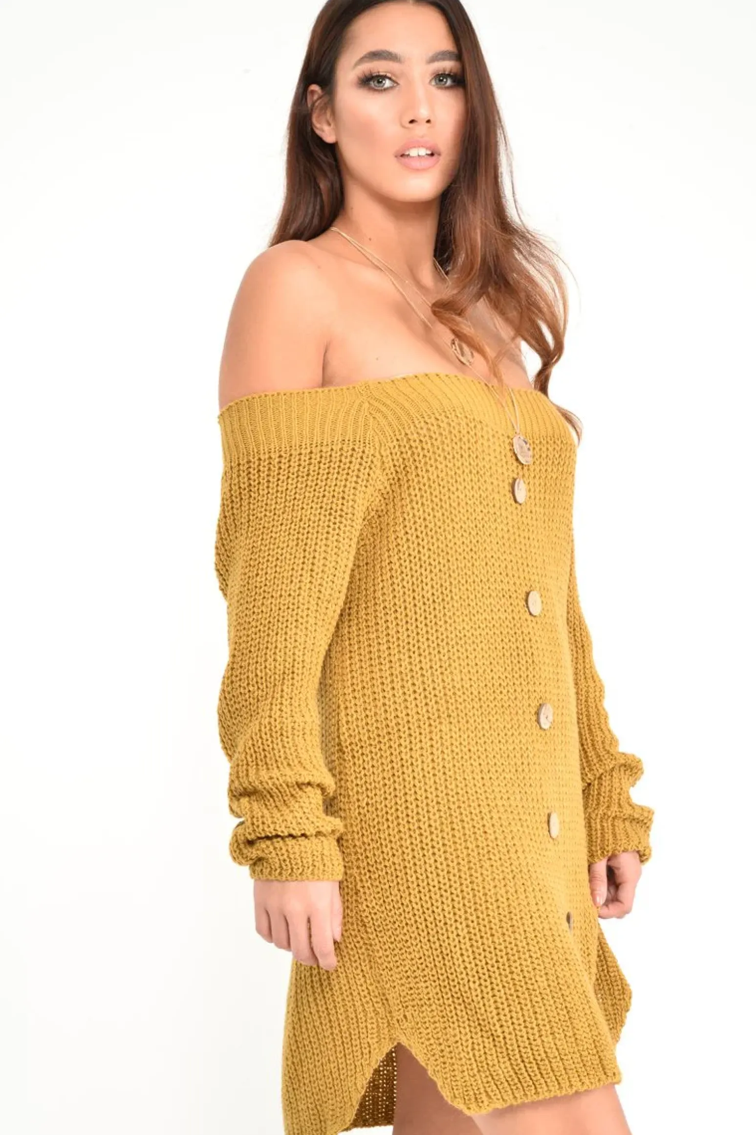 Rebellious Fashion Mustard Bardot Button Front Chunky Knit Jumper Dress - Syanna