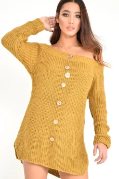 Rebellious Fashion Mustard Bardot Button Front Chunky Knit Jumper Dress - Syanna