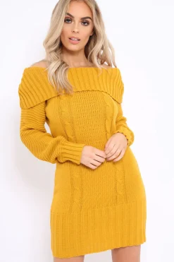 Rebellious Fashion Mustard Bardot Chunky Knit Jumper Dress - Kaidyn