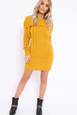 Rebellious Fashion Mustard Bardot Chunky Knit Jumper Dress - Kaidyn