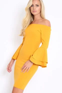 Rebellious Fashion Mustard Bardot Flared Sleeve Dress - Ebony