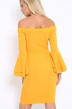 Rebellious Fashion Mustard Bardot Flared Sleeve Dress - Ebony