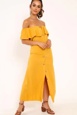 Rebellious Fashion Mustard Bardot Frill Button Front Midi Dress - Clancy